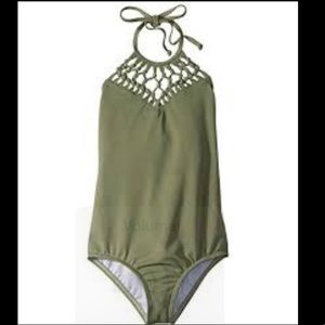 Green billabong swim suit with macrame detailing